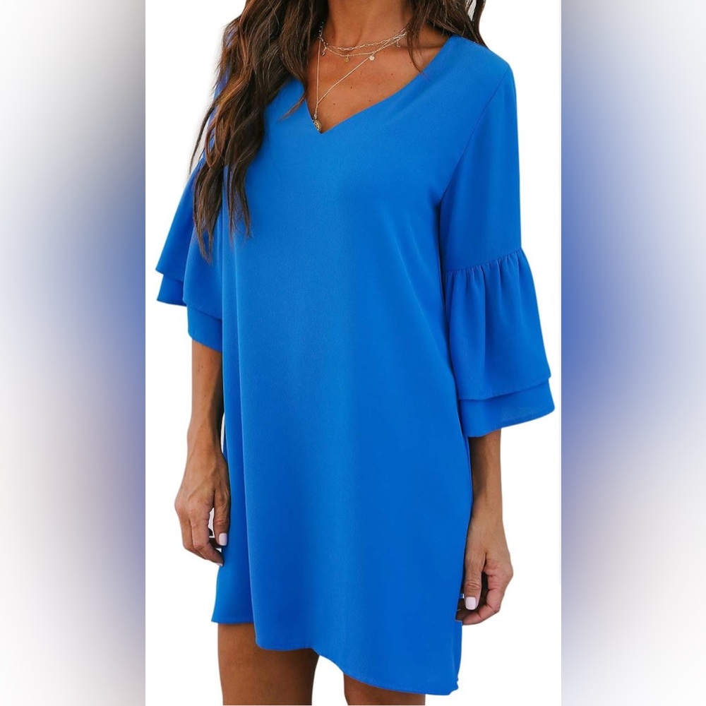 Belongsci womens bell sleeve cobalt blue dress size S